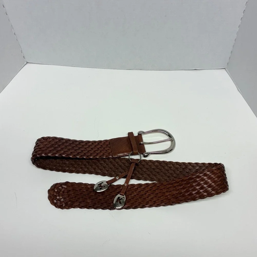 MICHAEL M Kors Brown Braided Leather Belt M Boho Woven Silver MK Charm Wide